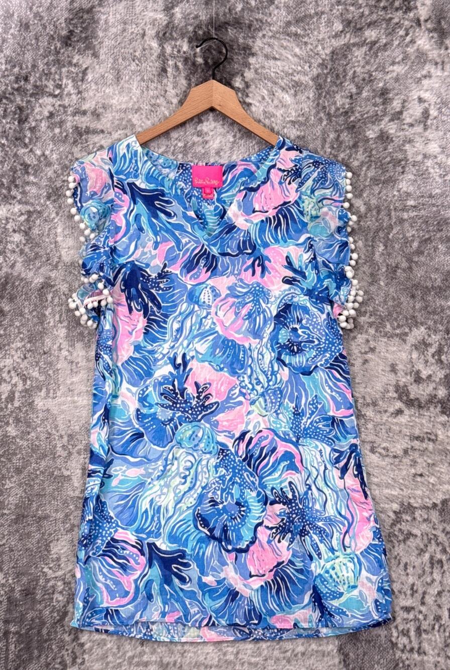 Lilly Pulitzer Dress Small Womens Linen Jelly Fish Pom Pom Ruffle Sleeve Mini